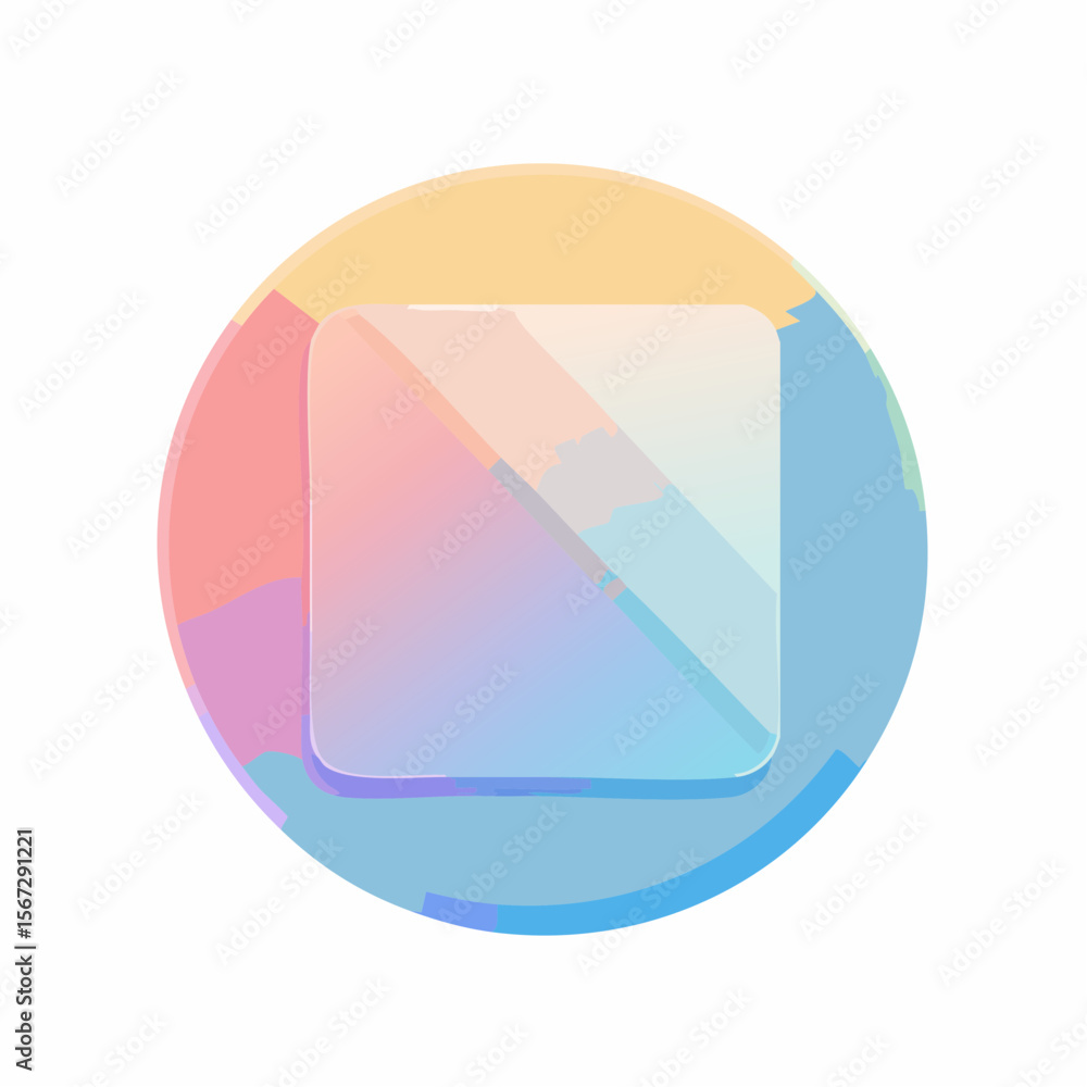 Poster abstract circular design featuring a translucent square with pastel colors and watercolor effect.