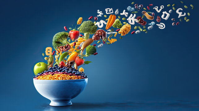 Waterfall of colorful legumes cascading into bowl, surrounded by floating nutrition symbols.