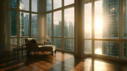 Elegant chaise lounge in luxury apartment with panoramic city views at sunset