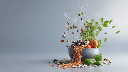 Waterfall of colorful legumes cascading into bowl, surrounded by floating nutrition symbols.