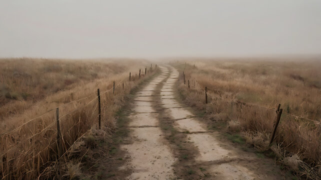 A narrow road or pathway cutting through a vast brown field on a misty morning. The field is covered in dry grass or autumn tones, with soft fog gently veiling the background. Use natural light  