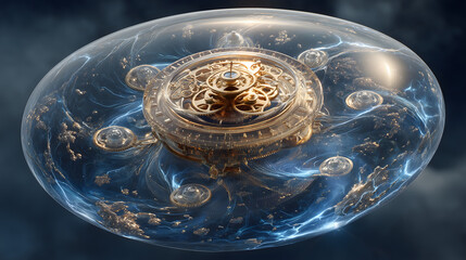 Transparent time machine with golden gears in space
