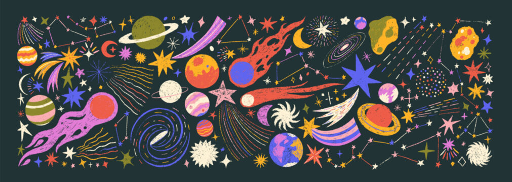 Funky crayon drawn planets, asteroids, stars and constellations. Doodle outer space childish icons set. Crayon drawings of night sky or galaxy symbols. Childish cosmic illustration. Pencil texture.