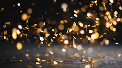 Golden confetti suspended in darkness, capturing the essence of celebration with dynamic energy