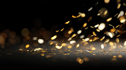 Golden confetti suspended in darkness, capturing the essence of celebration with dynamic energy