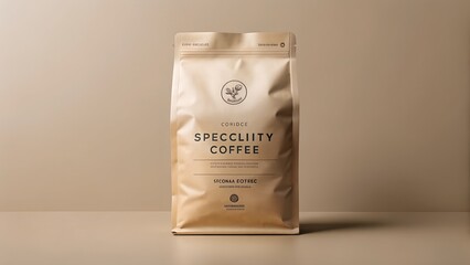A bag of specialty coffee sits on a table against a neutral background