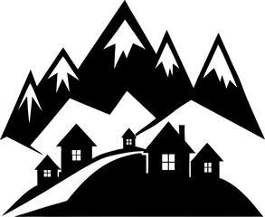 Silhouette of mountain village houses, with white background.