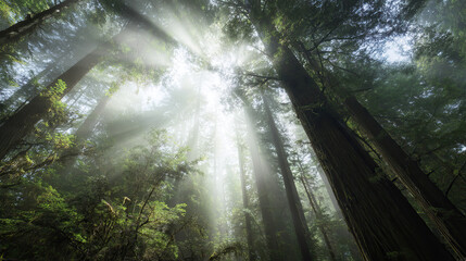 Misty forest of towering red-barked trees with sunbeams piercing through ancient canopy, conveying primordial serenity.