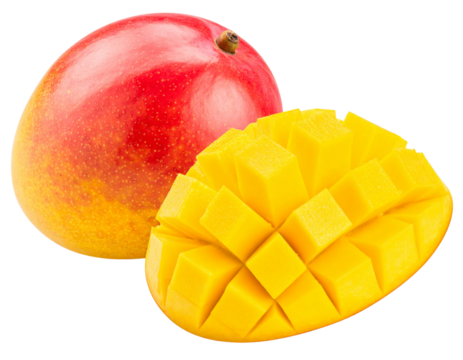 Title - Tilted Mango with Sliced Half at Diagonal Angle Showing Seed – Organic Fruit PNG
