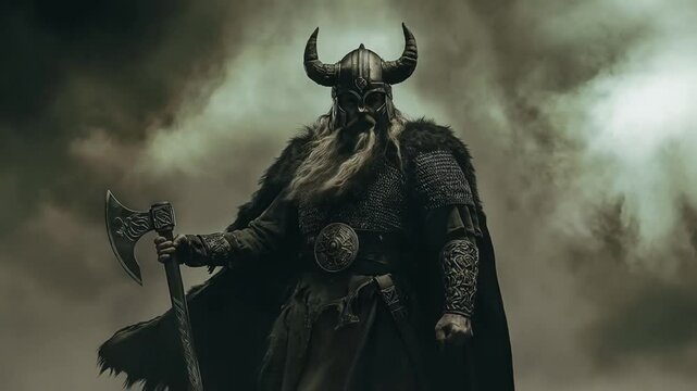 Fierce Viking Warrior Stands Tall in Storm of Battle Glory