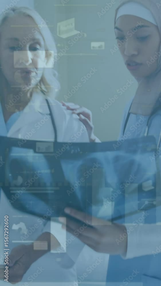 Aufkleber animation of statistics and data processing over female doctors with x ray scan