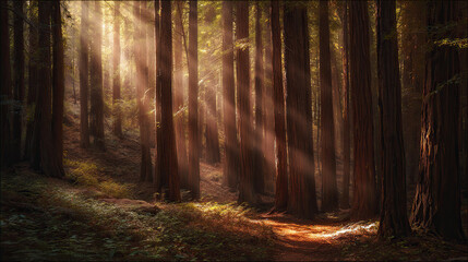 Misty forest of towering red-barked trees with sunbeams piercing through ancient canopy, conveying primordial serenity.