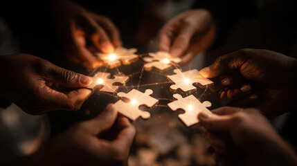Close-up of multiracial team hands putting together jigsaw puzzle pieces with glowing lines symbolizing communication and innovation