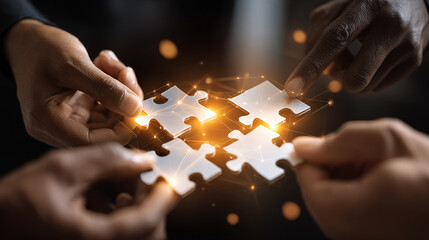 Close-up of multiracial team hands putting together jigsaw puzzle pieces with glowing lines symbolizing communication and innovation