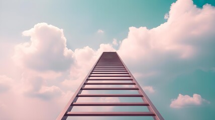 Modern Wooden Ladder Ascending into Pastel Sky with &lsquo;Ascend,Minimalist Concept of Growth and Elevation

