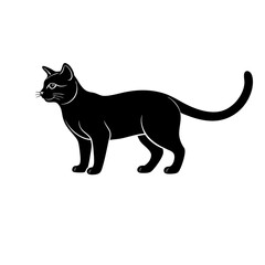 Black cat standing in side facing pose with sleek body and curved tail