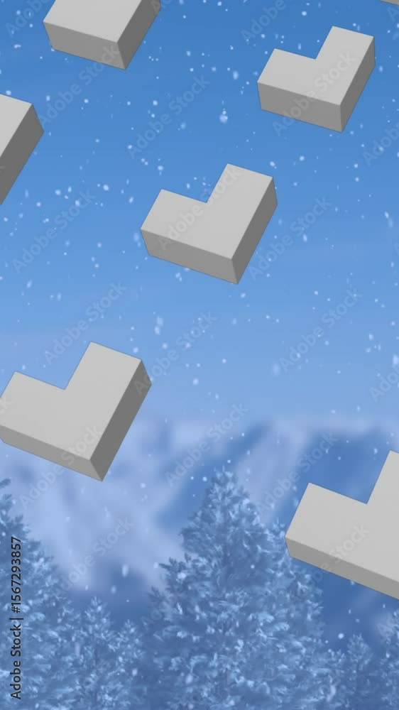 Poster animation of rows of abstract shapes pattern and christmas snow falling over winter scenery