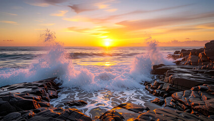 Fototapeta premium Crashing waves meet rocky coastline at a vibrant sunrise, offering a scenic coastal view with ocean spray and golden light.