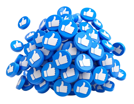 Stack of Social Media Like Buttons – 3D Rendered PNG on Transparent Background