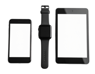 Flatlay of Modern Tech Gadgets – Smartphone, Tablet, Watch – Transparent Background PNG
