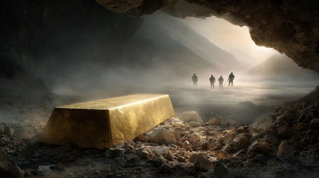 A large gold bar rests in a cave entrance with explorers in the misty background - Powered by Adobe