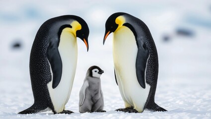 Obraz premium Antarctic emperor penguins stand with their young chick on a snow covered landscape with gentle light and natural colors.
