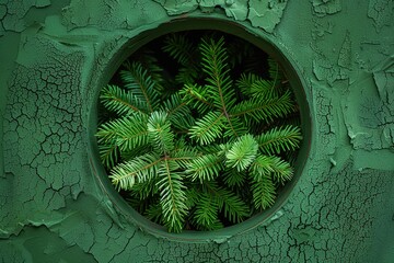 Green branches of spruce in a round hole in the wall, Ai Generated