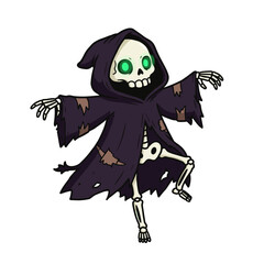 Playful cartoon skeleton in a tattered purple hooded robe with glowing green eyes, striking a lively dance pose.