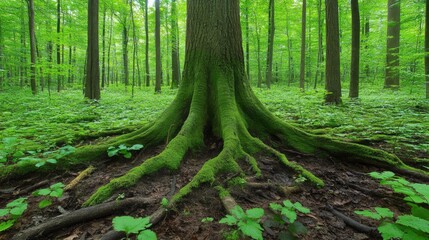 Moss covered tree roots and lush green forest floor Ancient tree trunk in a dense deciduous woodland
