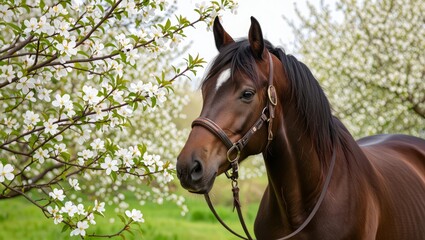 Obraz premium Majestic bay horse stands gracefully amidst a spring blossom orchard, bathed in the soft glow of natural light