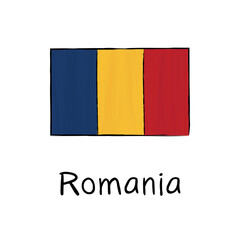 Fototapeta premium Flag of Romania with outline and signature on white background. Hand-drawn vector sketch, ideal for education, politics, infographics, web design, posters, and cultural presentations.