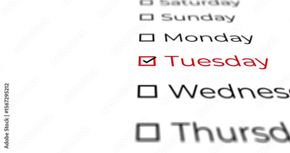 Poster animated video of a list of days of the week that runs and stops on tuesday, which is marked in a re