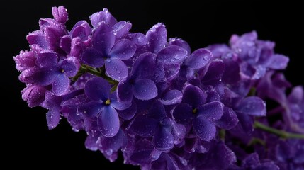Close-Up of Purple Lilac Flowers with Dew Drops on Black Background