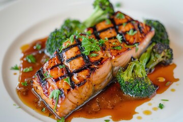 Grilled salmon steak with broccoli and sauce on a white plate, Ai Generated
