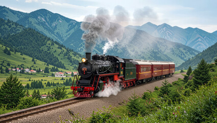 Obraz premium Scenic journey showcasing a steam train rolling through a mountainous landscape with lush green hills in summertime.