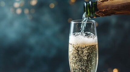Elegant Pouring of Sparkling Champagne into Flute with Festive Bokeh Background