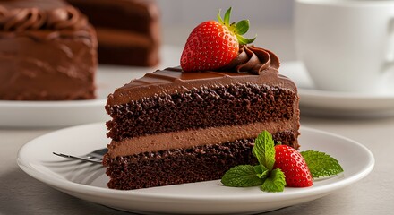 Decadent Chocolate Cake Slice with Fresh Strawberry