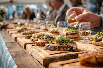Obraz premium Slow food tasting session under a white marquee at the Isle of Wight Garlic Festival, small bites of artisanal garlic dishes on wooden boards, people discussing flavors