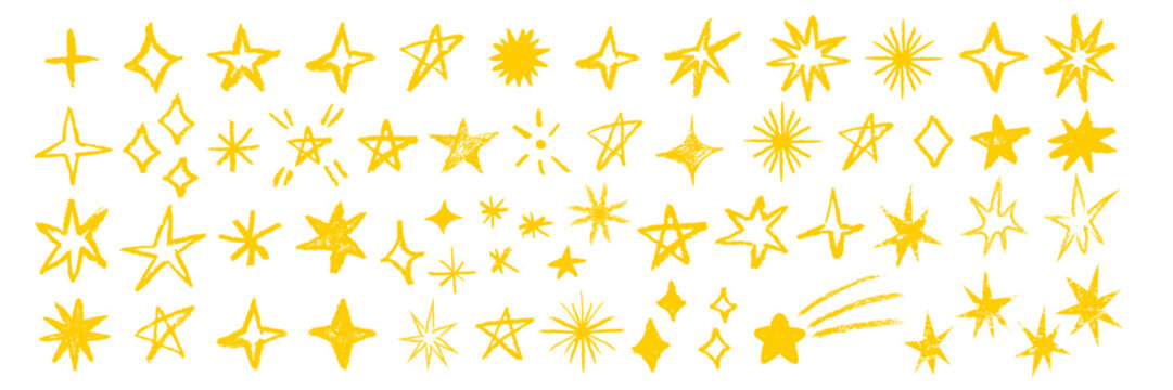 Doodle stars. Set of doodle yellow crayon stars elements. Pastel brush star isolated on white background.