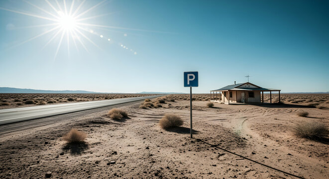 Desert Oasis: Lonely House And Parking Sign In Remote Arid Landscape