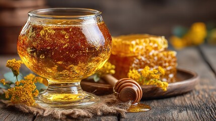 Golden Mead in Round Glass with Honeycomb and Wildflowers on Rustic Wooden Table