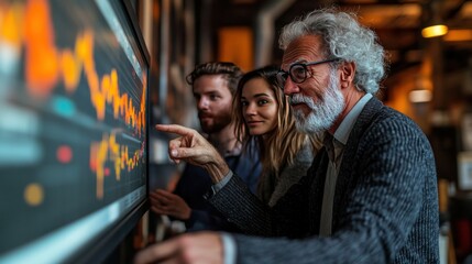 Business team studying financial data on interactive display