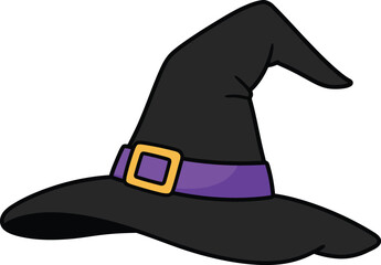 A cartoon depiction of a black witch's hat with a purple band and gold buckle.