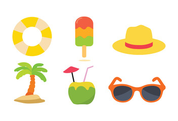 A summer collection  of colorful icons vector. Ice-cream, coconut drink, sunglasses, lifebuoy, hat, palmtree.