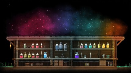 Pixelated crafting station with colorful nebula
