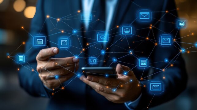 Businessman interacts with a digital network of email and file icons overlaid on a phone - Powered by Adobe