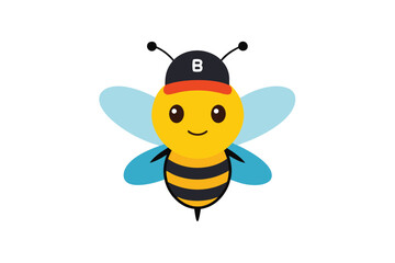 Delightful Bee Character with a Playful Baseball Cap Adorned with the Letter B, Showcasing Vibrant Stripes and Charming Antennae on a Pristine White Canvas