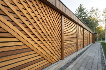 Modern wooden slatted fence with diagonal lattice pattern and paved walkway in an outdoor setting