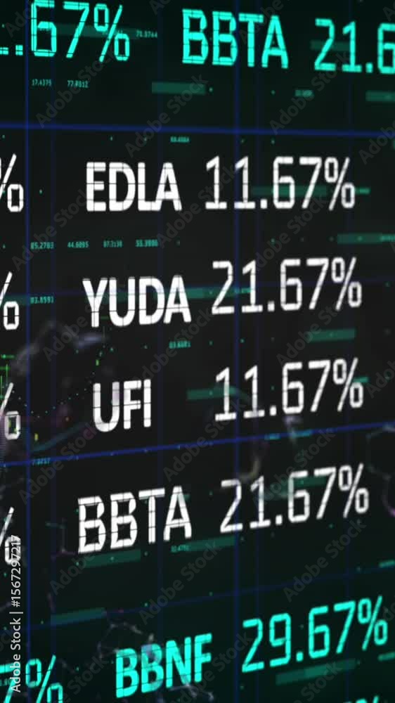 Poster Animation of data processing and stock market over shapes moving on black background
