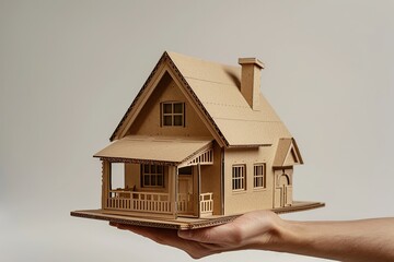 Model of house in hand on gray background, Ai Generated